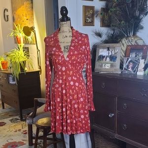 Free people Red Dress Flower Print  V Neck NWT
